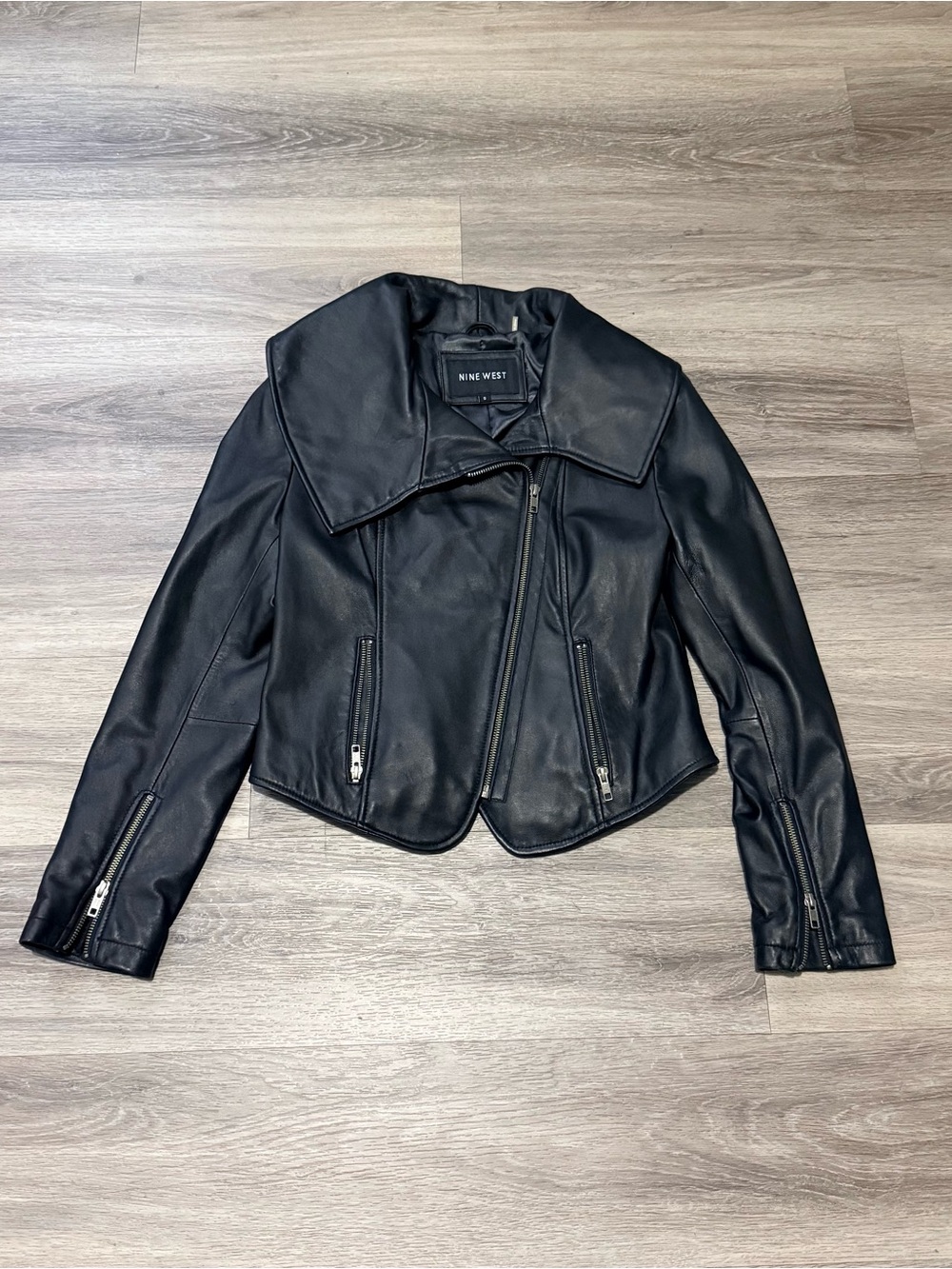 Nine West Black Faux Leather Asymmetric Zip Moto Jacket